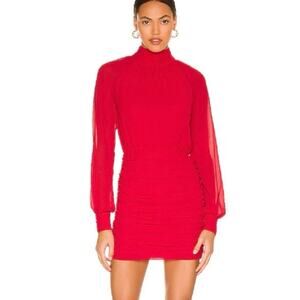 NBD Genesis Mini Dress Womens XS Red High Neck Ruched Long Sleeve Cocktail Party